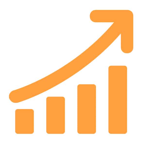 Orangefarbenes Balkendiagramm mit vier aufsteigenden Balken und einem nach oben gebogenen Pfeil, der das Wachstum oder den Anstieg darstellt.