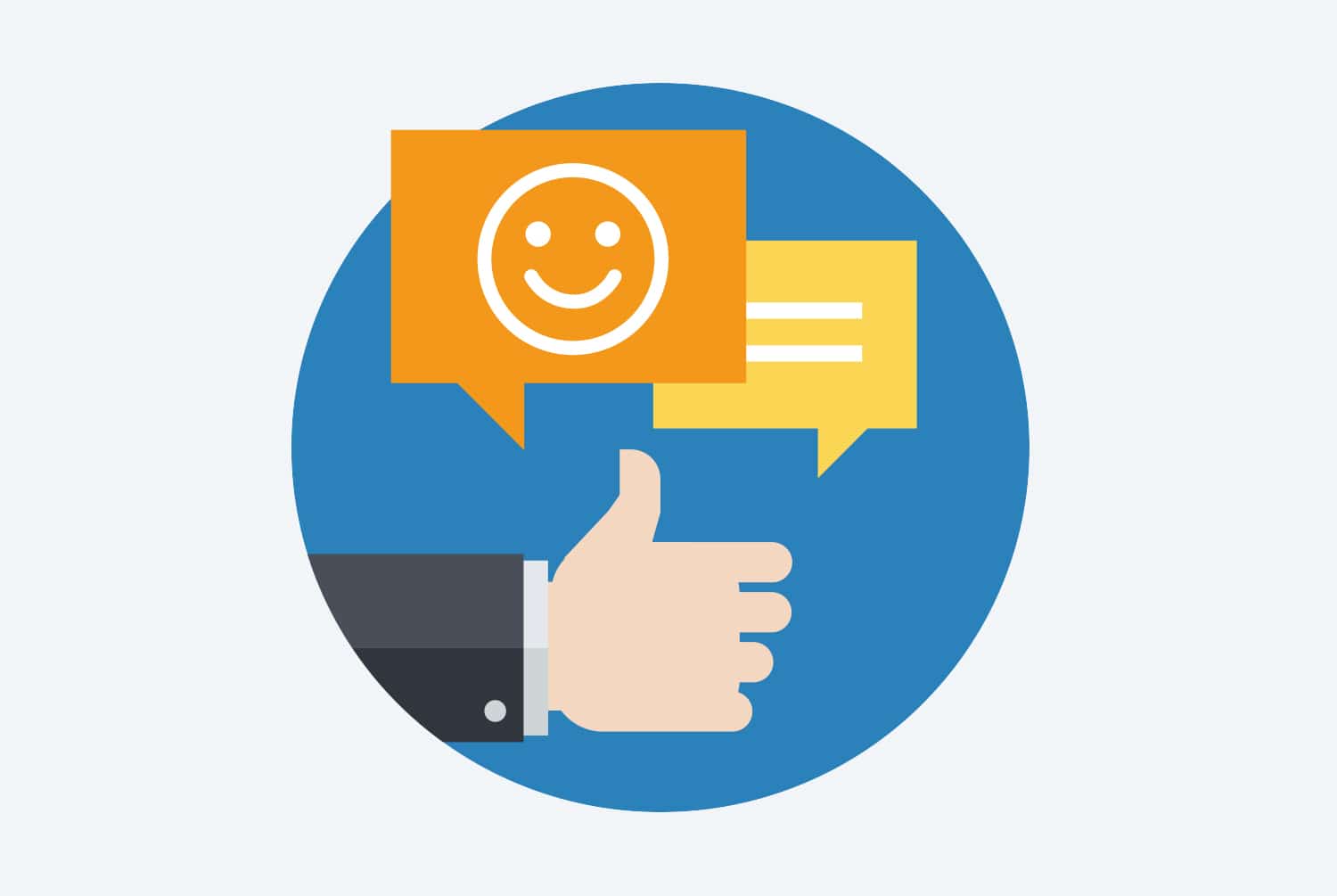 Eine Hand, die einen Daumen nach oben zeigt, vor zwei Sprechblasen, eine mit einem Smiley und eine mit Textzeilen, auf einem blauen, kreisförmigen Hintergrund.