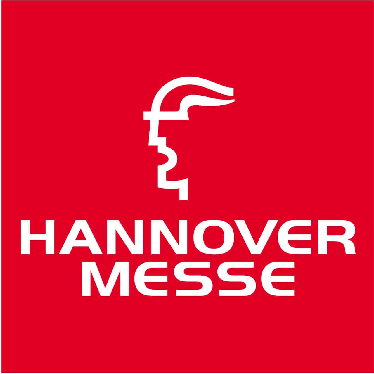Das Logo der Hannover Messe zeigt ein stilisiertes weißes Profil eines Kopfes über dem Schriftzug