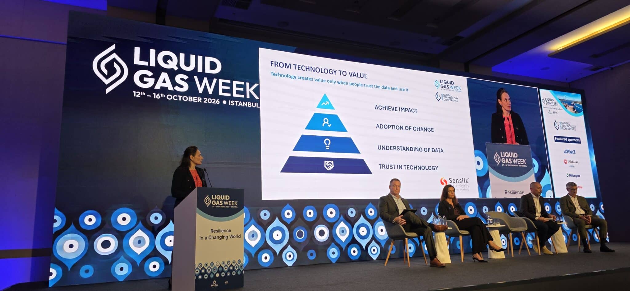 Eine Rednerin steht auf der „Liquid Gas Week“ in Istanbul am Rednerpult, hinter ihr ist auf einer Leinwand ein Pyramidendiagramm mit dem Titel „Von der Technologie zum Mehrwert“ zu sehen.
