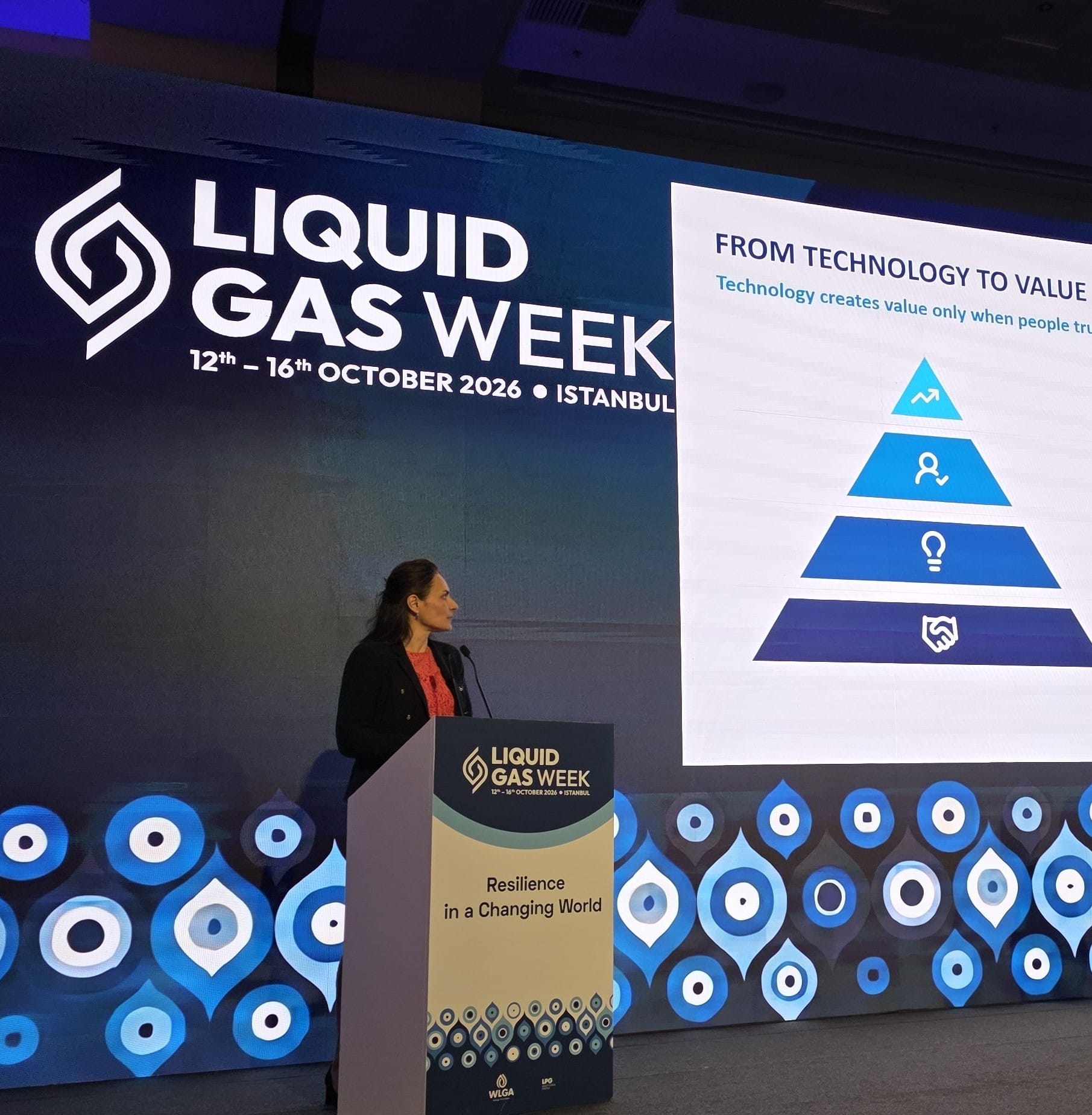 Ein Redner auf einem Podium bei der „Liquid Gas Week“, hinter ihm eine Folie mit einer vierstufigen Pyramidengrafik mit dem Titel „From Technology to Value“.
